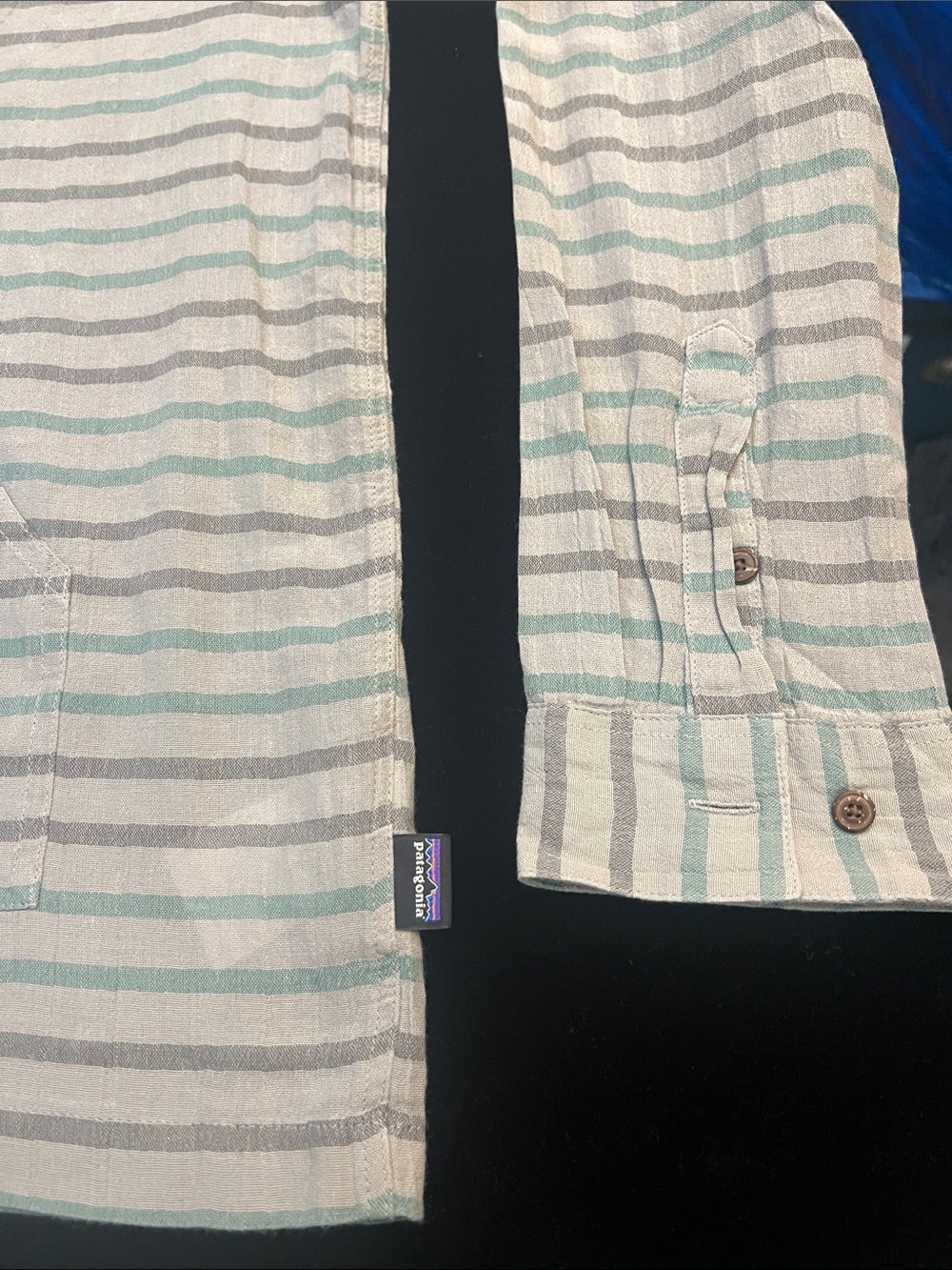 Patagonia organic cotton long sleeve Striped Hooded Pullover - Gray & Mint - Picture 2 of 12